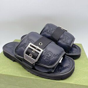 GUCCI Mens GG LOGO Quilted Buckle Black Slides Sandals 776792 Mens UK 9 US 9.5